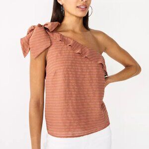 Women Nine West One-Shoulder Ruffle Neck Top in Mocha Frosting Size Small